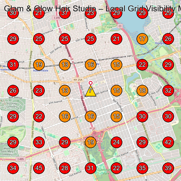 Glam & Glow Hair Studio GeoGrid visibility map for Health And Beauty Shop in Queens